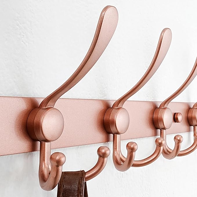 Dseap Coat Rack Wall Mounted - 5 Tri Hooks, Heavy Duty, Stainless Steel, Metal Coat Hook Rail for Coat Hat Towel Purse Robes Mudroom Bathroom Entryway, Rose Gold-NeatNest