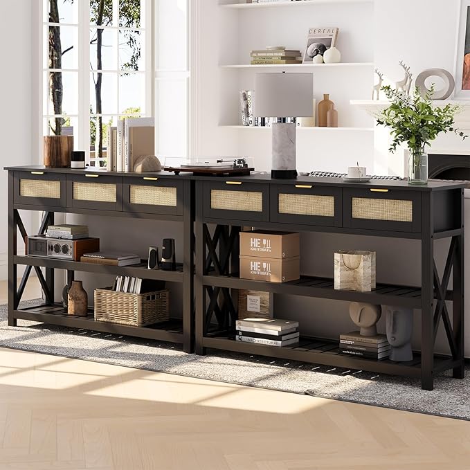 Console Table with 3 Rattan Drawers, Wooden Entryway Table with 3-Tier Storage Shelves, Display Shelf for Entryway, Hallway, Foyer and Living Room, Black-NeatNest