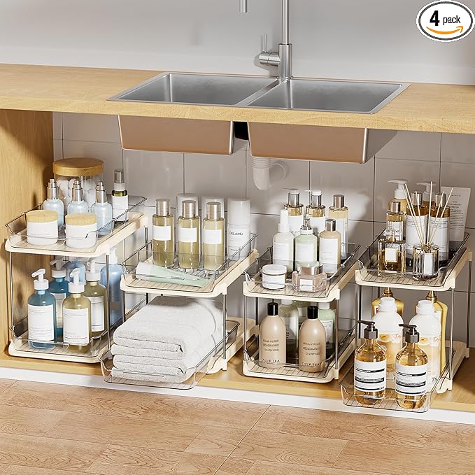 Delamu 4 Sets of 2-Tier Multi-Purpose Bathroom Cabinet Under Sink Organizers and Storage, Stackable Kitchen Pantry Organization and Storage, Beige-NeatNest