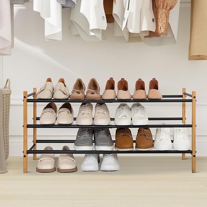Shoe Rack, Expandable Shoe Storage Organizer for Closet, Bamboo Metal Shoe Shelf for Entryway, Adjustable Small Shoe Rack for Front Door Entrance, Small Space, Garage, 3 Tier Black-NeatNest