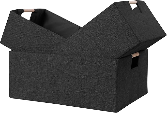 ANMINY 2PCS Storage Baskets for Organizing Collapsible Fabric Storage Bins Boxes with Wood Handles Closet Shelves Cube Organizer Bins Clothes Laundry Storage Container - Large, Black-NeatNest