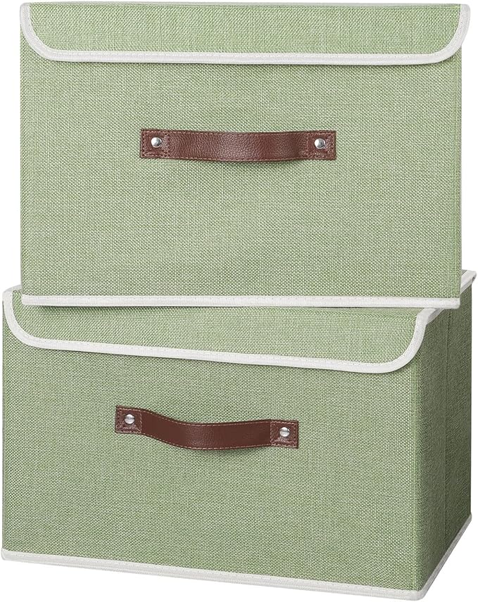 ANMINY 4PCS Storage Bins with Lid PU Leather Handles Storage Boxes PP Plastic Board Decorative Foldable Lidded Cotton Linen Fabric Home Cubes Baskets Closet Organizer Containers - Green, Large Size-NeatNest