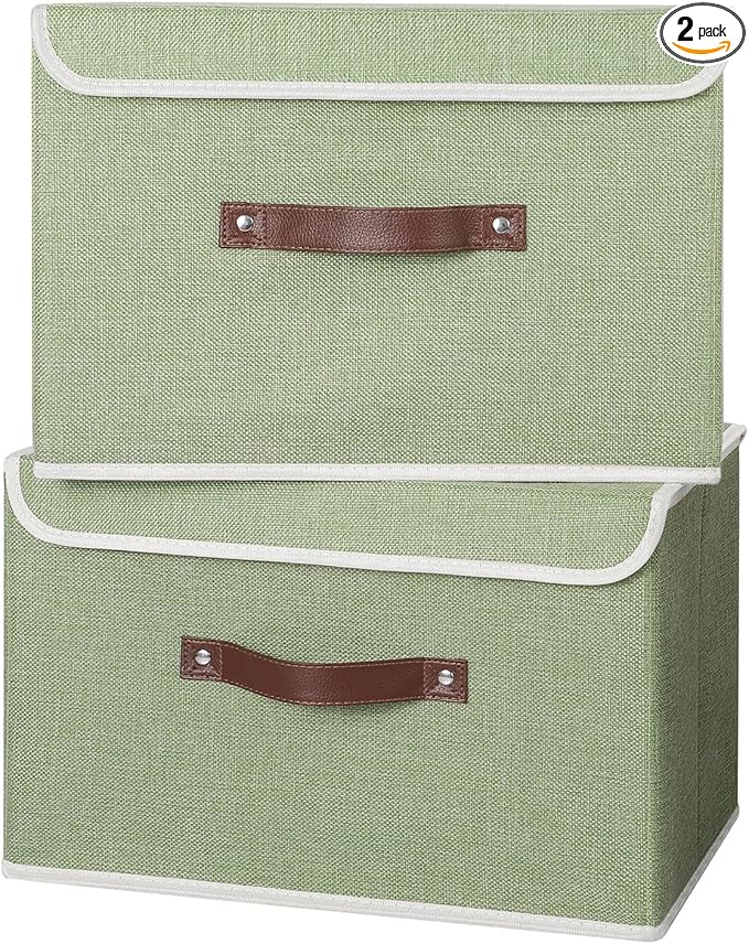 ANMINY 2PCS Storage Bins with Lid PU Leather Handles Storage Boxes PP Plastic Board Decorative Foldable Lidded Cotton Linen Fabric Home Cubes Baskets Closet Organizer Containers - Green, Large Size-NeatNest