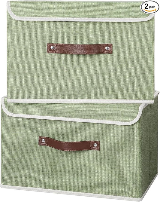 ANMINY 2PCS Storage Bins with Lid PU Leather Handles Storage Boxes PP Plastic Board Decorative Foldable Lidded Cotton Linen Fabric Home Cubes Baskets Closet Organizer Containers - Green, Large Size-NeatNest