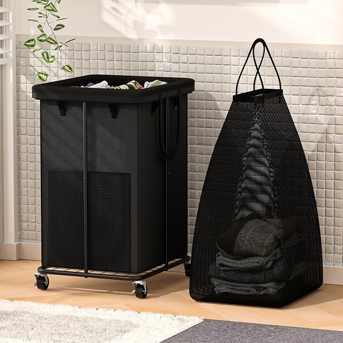 150L Large Laundry Hampers Basket with Removable Washing Bag, Oxford Fabric Laundry Hamper Clothes Hampers, Metal Frame Design with Wheels, Suitable for Bedroom, Laundry Room (Black with Bag)