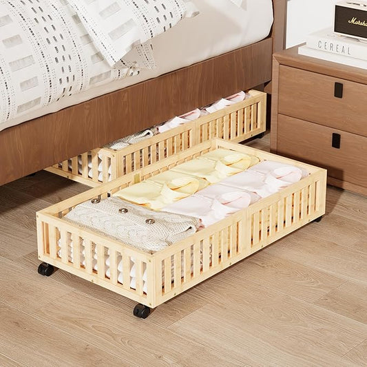 Bamboo Under Bed Storage with Wheels (2-Pack) – Rolling Underbed Shoe Organizer Box for Shoes, Blankets, Toys, Clothes Container Space-Saving Organizer Bins for Bedroom, Closet, Dorm, Nursery-NeatNest
