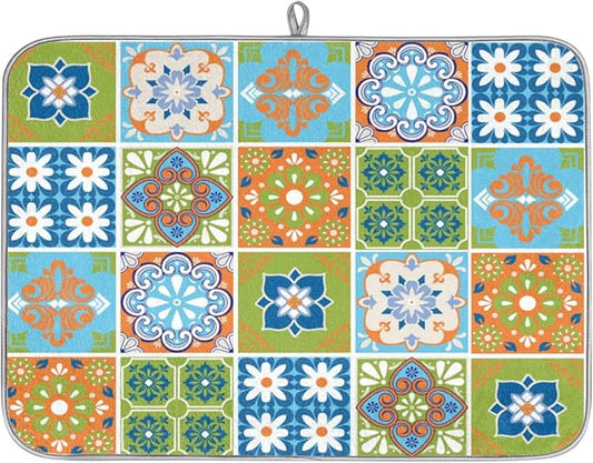 Dish Drying Mat for Kitchen Counter - Absorbent Microfiber Drying Rack Pads Reversible Dish Pad Draining Mats for Countertop Coffee Mats,18x24 inch(Mexican Talavera)