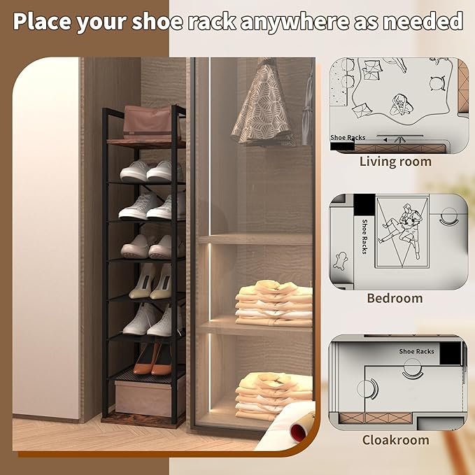 8 Tier Vertical Shoe Rack, Narrow Shoe Storage Organizer with Hooks, Slim Corner Shoe Tower Rack, Adjustable Tall Shoes Shelf, Entryway Living Room Bedroom, Rustic Brown-NeatNest