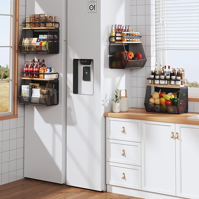 Magnetic Shelf for Fridge with Wide & Thick Magnet, 1 Pack Refrigerator Organizer Basket with Bamboo Top, Storage for Fruit, Potato, Onion, Kitchen, Pantry, Laundry (Black, 13.8" x 6.8" x 11.8")