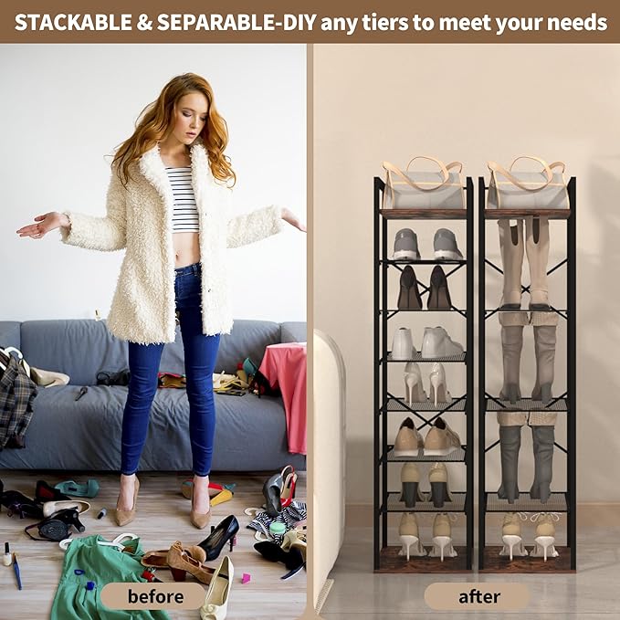 8 Tier Vertical Shoe Rack, Narrow Shoe Storage Organizer with Hooks, Slim Corner Shoe Tower Rack, Adjustable Tall Shoes Shelf, Entryway Living Room Bedroom, Rustic Brown-NeatNest