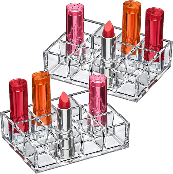 Amazing Abby - Allure - 2-Pack 12-Slot Acrylic Lipstick Organizer, Lipstick Holder, Lip Gloss Holder, Cosmetic Storage Display, Perfect Storage Solution for Drawer and Vanity (Slot Size: 1.0" x 1.0")-NeatNest