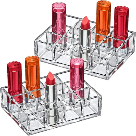 Amazing Abby - Allure - 2-Pack 12-Slot Acrylic Lipstick Organizer, Lipstick Holder, Lip Gloss Holder, Cosmetic Storage Display, Perfect Storage Solution for Drawer and Vanity (Slot Size: 1.0" x 1.0")-NeatNest