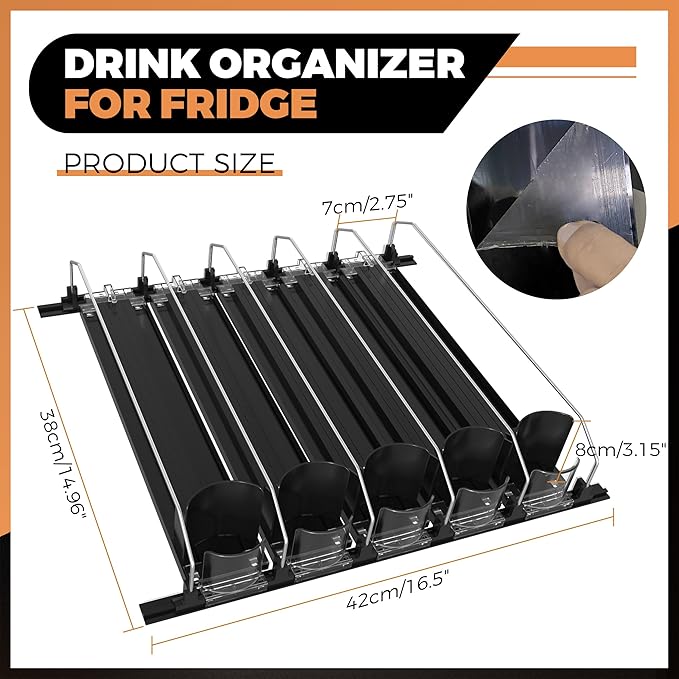 5 Rows Drink Organizer for Fridge, 15'' Soda Can Dispenser for Refrigerator with Pusher Glide, Width Adjustable Fridge Can Organization Hold Up to 25 Cans (Black)