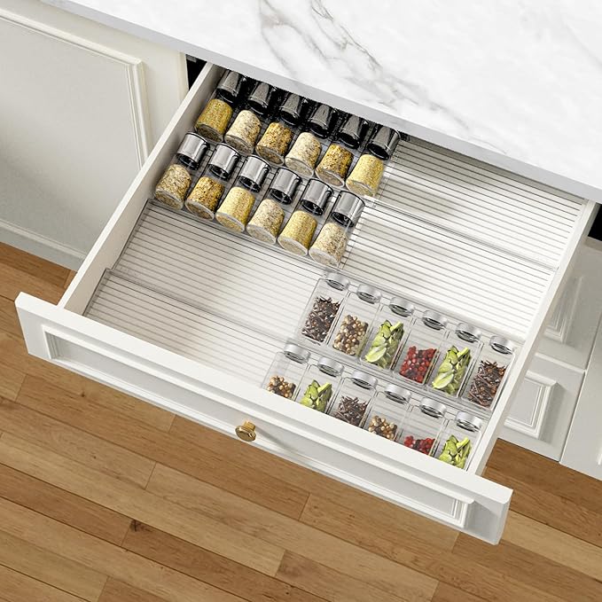 AMBIRD Spice Drawer Organizer, 4 Tier-2 Set Clear Spice Rack Tray Expandable From 11'' to 22'', Seasoning Organizer with non-slip tape for Kitchen, Cabinet, Drawers, Countertop(JARS NOT INCLUDED)-NeatNest