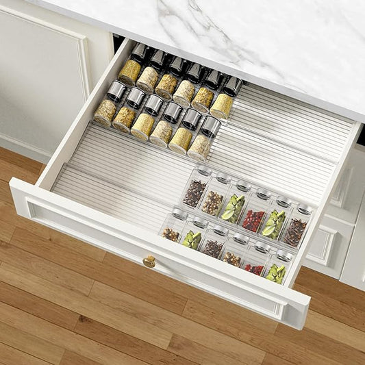 AMBIRD Spice Drawer Organizer, 4 Tier-2 Set Clear Spice Rack Tray Expandable From 11'' to 22'', Seasoning Organizer with non-slip tape for Kitchen, Cabinet, Drawers, Countertop(JARS NOT INCLUDED)-NeatNest