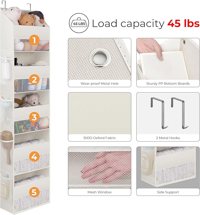 GRANNY SAYS Over The Door Organizer, 5-Shelf Behind The Door Storage with 8 Pockets and Clear Window, Anti Tilt Large Capacity Door Hanging Organizer for Baby Closet, Stuffed Animal, Beige, 2 Pack-NeatNest