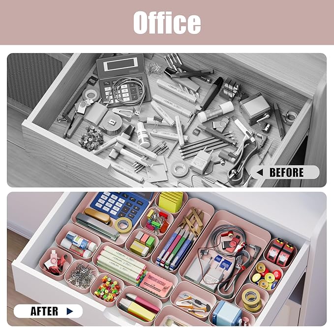 Plastic Drawer Organizers, 18 PCS Bathroom Drawer Organizer Bins, Desk and Vanity Organizer Plastic Tray, Makeup organizer and storage for Bedroom, Kitchen Gadgets Utensils and Office (Pink)-NeatNest