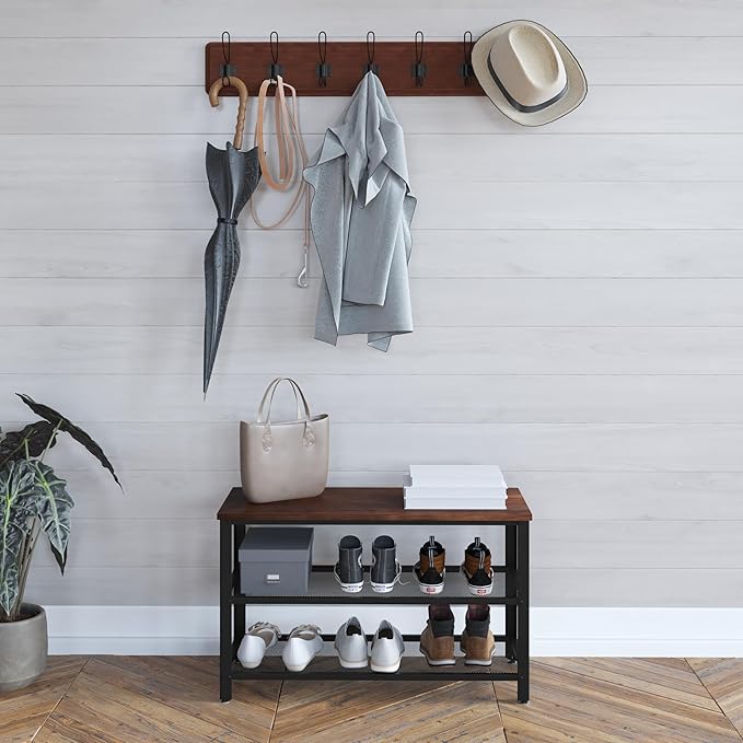 HBCY Creations Rustic Brown Solid Pine Wood 3-Tier Entryway Shoe Rack Bench with Metal Mesh Shelves, for Entryway, Mudroom, or Bedroom, and More!-NeatNest