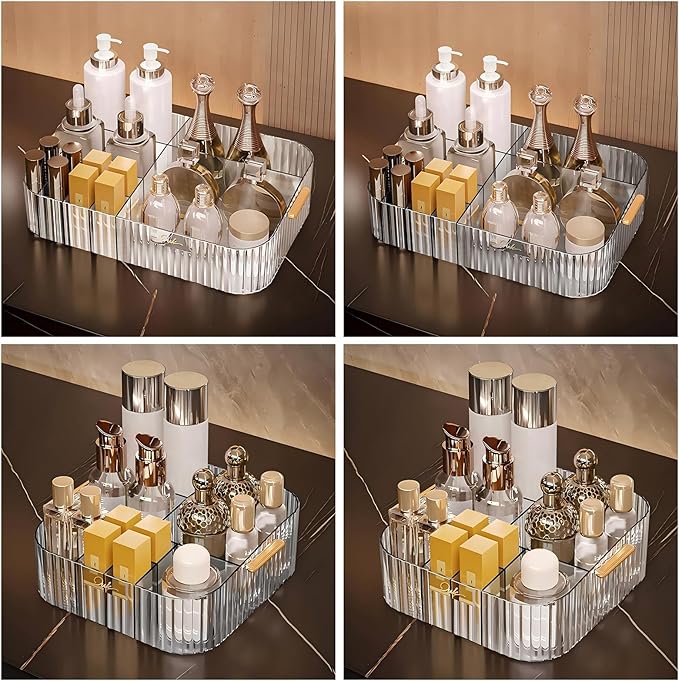 DASITON Large Capacity Makeup Organizer,12 Slots Makeup Brush Holder,Makeup Storage with Handle,Vintage Striped Cosmetic Organizer for Bathroom Countertops,Desk Storage Container(Grey)-NeatNest