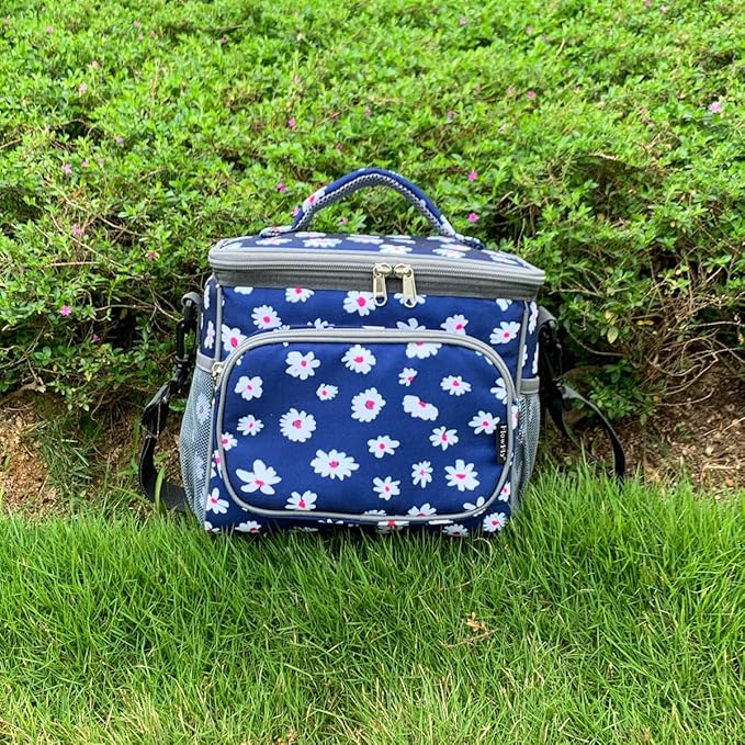 FlowFly Insulated Reusable Lunch Bag Adult Large Lunch Box for Women and Men with Adjustable Shoulder Strap,Front Zipper Pocket and Dual Large Mesh Side Pockets,Daisy-NeatNest