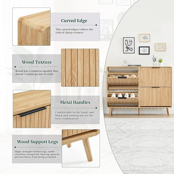 47" Fluted Large Shoe Cabinet with 4 Flip Drawers, Slim Freestanding Shoe Cabinet Organizer, Narrow Shoes Storage Rack for Entryway (Natural, 9.45" D x 47.24" W x 35.83" H)