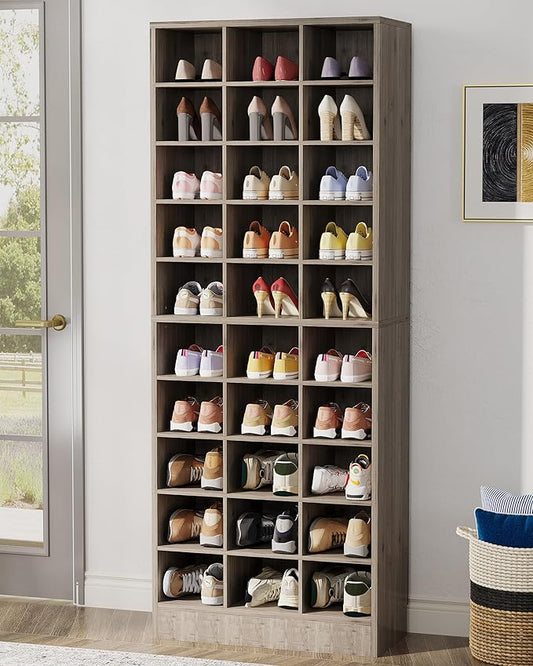 Tribesigns 10-Tier Shoe Storage Cabinet, Gray Wooden Shoe Rack with 30 Cubbies, Freestanding Tall Entryway Shoe Organizer for Closet, Entryway, Living Room-NeatNest