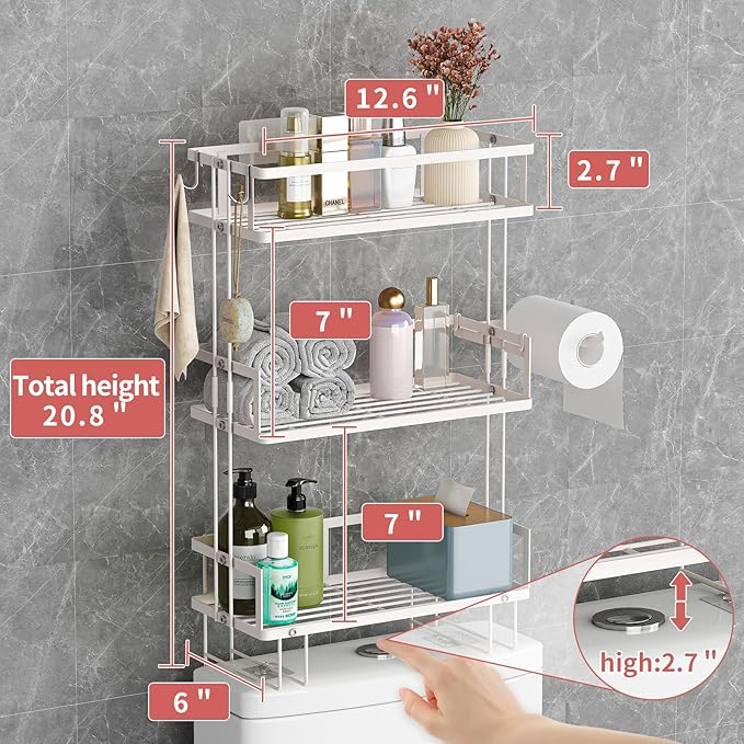 Godboat Bathroom Organizers and Storage, 3-Tier Over The Toilet Storage, Wall Shelf with Paper Holder and 2 Hooks, No Drilling Cool Decor and Home Decor, Gifts for Women, Mom, Mothers Day (White)-NeatNest