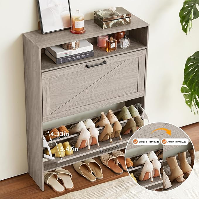 Shoe Storage Cabinet with 2 Flip Drawers,Farmhouse Narrow Shoe Organizer with Legs,Freestanding Hidden Slim Shoe Rack Cabinet with Open Storage for Entryway,Hallway, Foyer, Grey-NeatNest