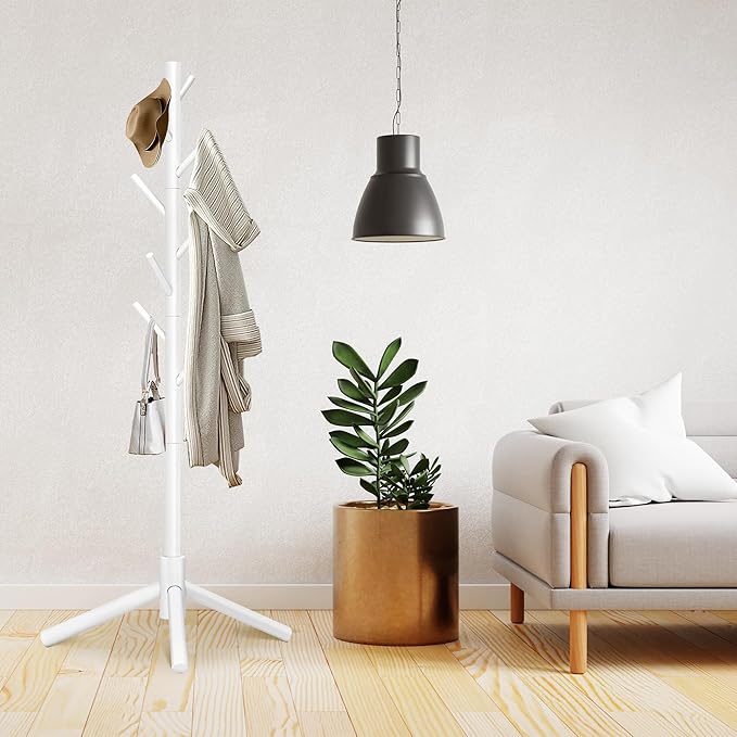 Durable Wooden Coat Rack, Freestanding Coat Rack with Stable Triangular Base, 8 Hooks & 3 Adjustable Heights, Simple Assembly for Bedroom, Hallway, Office(New White)-NeatNest