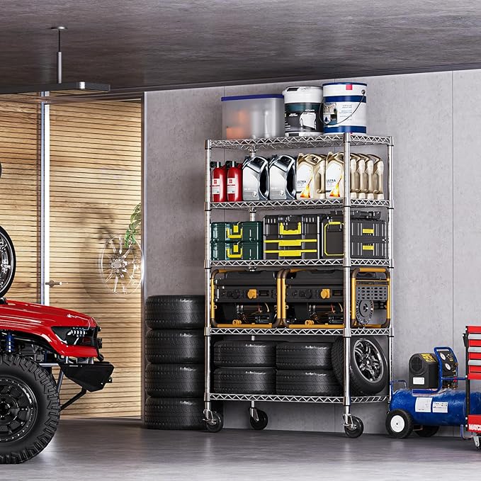 IZEUK 5-Tier Storage Shelving Unit with Wheels, Adjustable Heavy Duty Steel Wire Rack Organizer (Chrome, 17.7" D x 47.2" W x 76.7" H, 1750 lbs Capacity) for Garage, Kitchen, Pantry, Laundry, Basement-NeatNest
