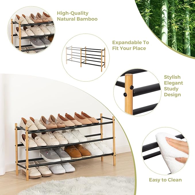 Shoe Rack, Expandable Shoe Storage Organizer for Closet, Bamboo Metal Shoe Shelf for Entryway, Adjustable Small Shoe Rack for Front Door Entrance, Small Space, Garage, 3 Tier Black-NeatNest