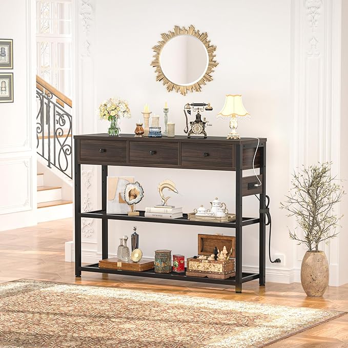 Ecoprsio 47'' Entryway Table with Outlets and USB Ports, Console Table with 3 Drawers, Sofa Table Narrow Long with Storage Shelves for Living Room, Couch, Hallway, Foyer, Black Walnut Finish-NeatNest