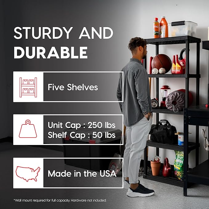 IRIS USA 5-Shelf Light Duty Plastic Storage Shelves, 250lb Capacity, 64"H x 24"W x 12"D, Medium Modular Shelving Unit Storage Organizer for Bathroom, Laundry, Garage & Home, Storage Rack - Black