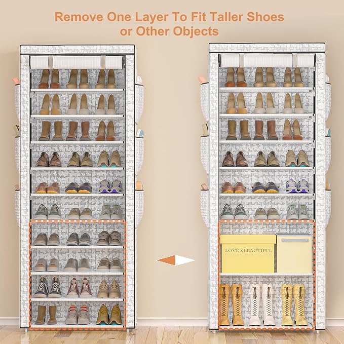 Shoes Rack 10 Tier Tall Shoe Rack with Storage Pockets, Fabric Covered Shoe Racks,Metal Shoes Rack Organizer for Closets,Bedroom, Garage-NeatNest
