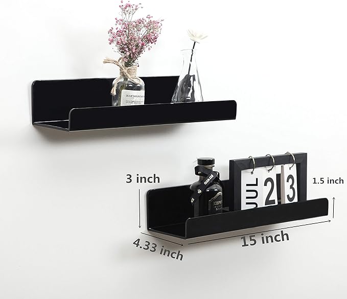 IEEK 15 Inch Black Acrylic Floating Wall Ledge Shelf,Wall Mounted Nursery Kids Bookshelf,5MM Thick Home/Office/Bathroom Storage Shelves Display Organizer Set of 3-NeatNest