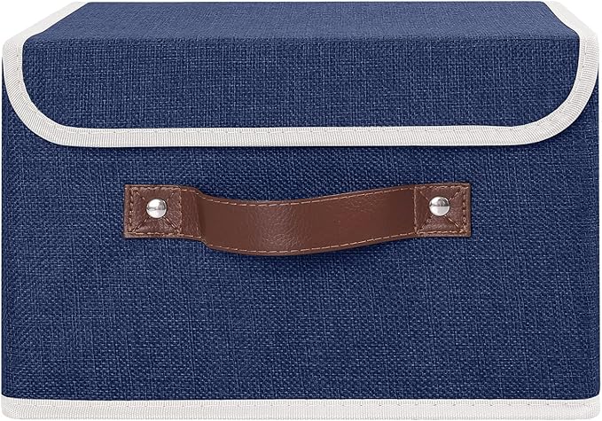 ANMINY Storage Bin with Lid Storage Boxes with PU Leather Handles PP Plastic Board Decorative Foldable Lidded Cotton Linen Fabric Home Cubes Baskets Closet Organizer Container - Blue, Small Size-NeatNest
