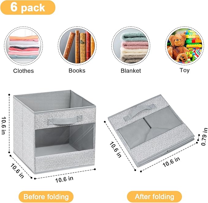 DIMJ Cube Storage Bin, 6 Pack Collapsible Storage Bins, Cube Storage Organizer with Window, Fabric Storage Bins for Shelves, Closet Baskets for Clothes, Toys, Books-NeatNest