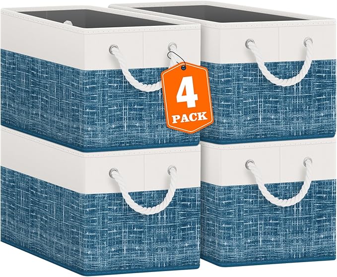 Fab totes Storage Bins [4-Pack], Foldable Storage Baskets for Organizing Toys, Books, Shelves, Closet, Large Storage Box with Rope Handles, Sturdy Organizer Bins, White & Blue-NeatNest
