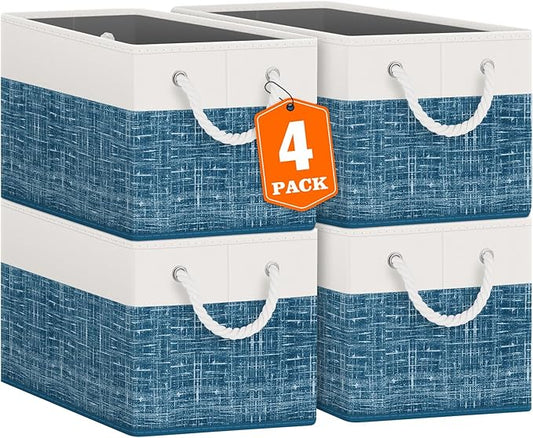 Fab totes Storage Bins [4-Pack], Foldable Storage Baskets for Organizing Toys, Books, Shelves, Closet, Large Storage Box with Rope Handles, Sturdy Organizer Bins, White & Blue-NeatNest