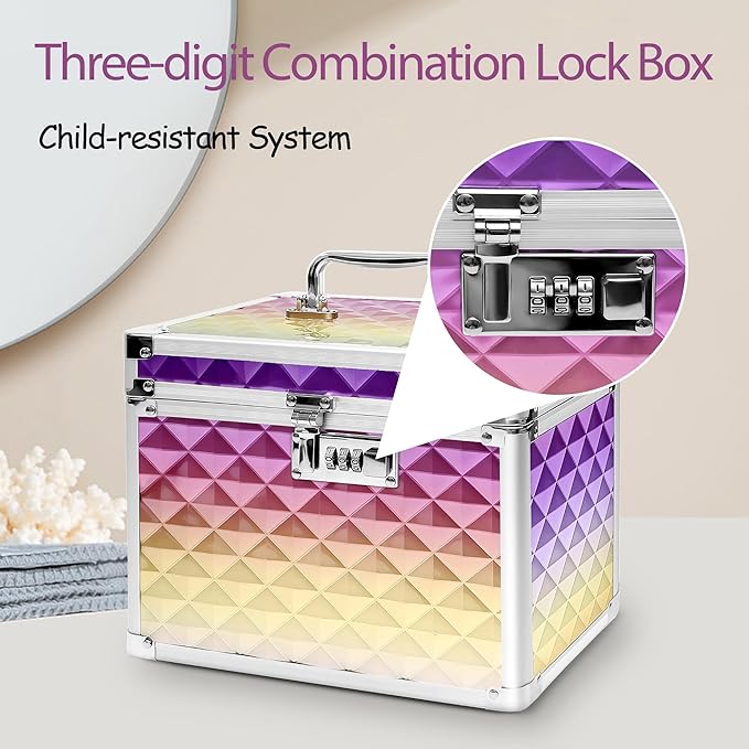 Medication Combination Lock Boxes with Code for Personal Items, Rainbow Medicine Lockbox for Documents 10 x 7.25 x 7.75 Inches Plaid Gold Purple
