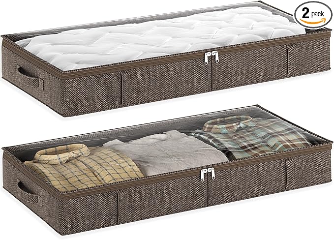 Brown Low Profile Under Bed Storage Containers 5 inches high, 33.8"x 17.7"x 5.1", Sturdy Underbed Shoe Storage Organizer, Foldable Fabric Under the Bed Storage Bins - Pack of 2-NeatNest