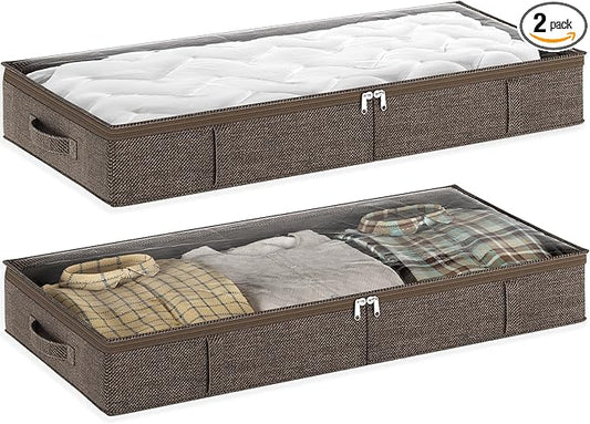 Brown Low Profile Under Bed Storage Containers 5 inches high, 33.8"x 17.7"x 5.1", Sturdy Underbed Shoe Storage Organizer, Foldable Fabric Under the Bed Storage Bins - Pack of 2-NeatNest