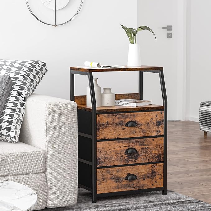Furnulem Nightstand with 3 Drawers and 2-Tier Shelf, Fabric Small Dresser Organizer Vertical Storage Tower for Bedroom, Closet, Hallway, Nursery, End Table Side Furniture, Sturdy Steel Frame, Wood Top-NeatNest