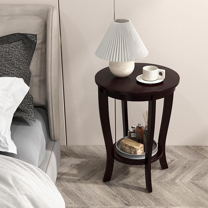 Giantex Round End Tables Set of 2, 2 Tier Side Table with Storage Shelf and Solid Wood Legs, 18" x 18" Accent Table for Corner Small Spaces, Compact Night Stand for Living Room Bedroom, Espresso
