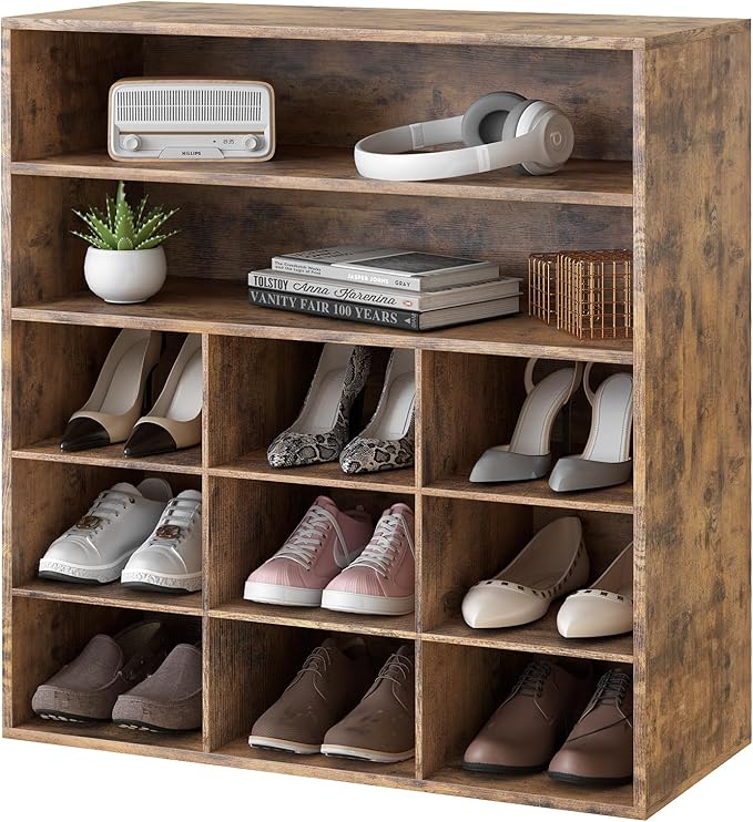 Garden 4 you Shoe Rack Organizer, 5-Tier Wood Cubby Shoe Rack with 2 Storage Shelf and 9 Cubbies, Shoe Organizer Cabinet for Entryway, Hallway, Closet and Garage,Brown-NeatNest