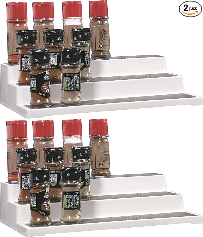 Cq acrylic 2 Pack Spice Rack Organizer for Pantry,14.5 Inch Tiered Seasoning Can Shelf Organizer For Cabinet,White-NeatNest