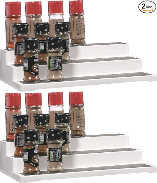 Cq acrylic 2 Pack Spice Rack Organizer for Pantry,14.5 Inch Tiered Seasoning Can Shelf Organizer For Cabinet,White-NeatNest
