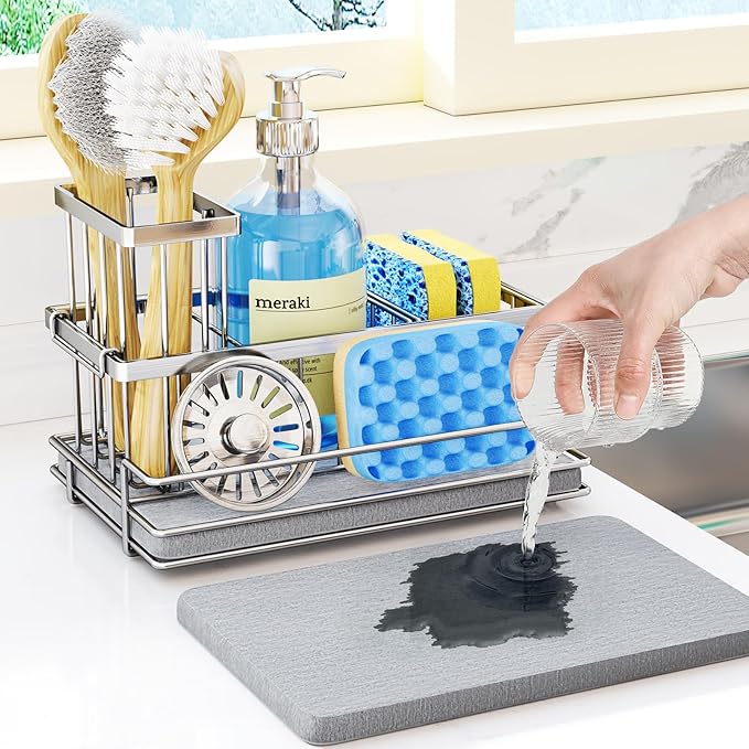 HapiRm Sink Caddy Sponge Holder - Kitchen Sink Organizer with Instant Drying Stone and Brush Holder, Stainless Steel Sponge Caddy for Kitchen Countertop - Silver