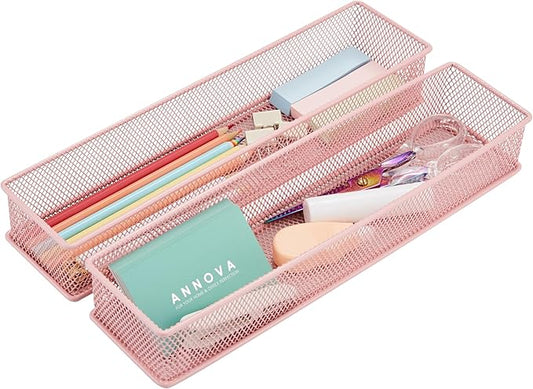 Annova Mesh Stackable Drawer Cabinet and Shelf Organizer Bins Storage Basket School Office Supply Holder Tray- Set of 2 (Light Pink, 3x12x2 Inch)-NeatNest