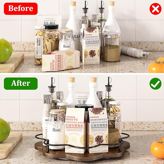 12" Lazy Susan Turntable Organizer,Round Wooden Lazy Susan Organization and Rotating Spice Rack for Dining Table,Pantry,Kitchen Countertop,Vanity,Cupboard and More.Vintage Wood(Petal Shape)-NeatNest